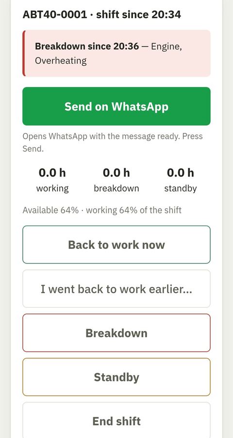 Field App: operator reports a breakdown