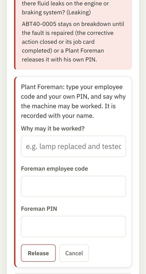 Field App: a stop fault holds the machine until a foreman releases it